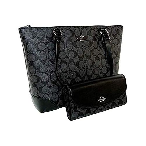  New Coach C Signature Purse Hand Bag Tote & Wallet Matching 2 Piece Set Black