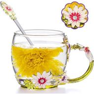 COAWG Glass Tea Mug With Spoon, 11oz-1Pack Lead-Free Handmade Tea Coffee Mugs Enamel Daisy Flower Drinking Cups Birthday Lady Madam Graduation Girl Present