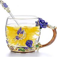 [아마존베스트]COAWG Glass Tea Cup,11oz Blue Rose Lead-Free Handmade Glass Tea Coffee Mug Flower for Women Gradutation Girl Birthday Mother`s Day