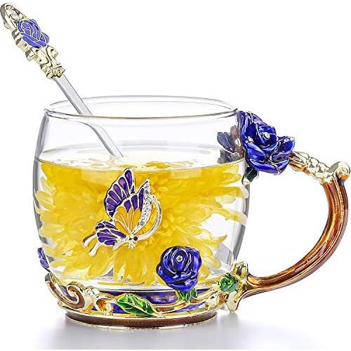  [아마존베스트]COAWG Glass Tea Cup,11oz Blue Rose Lead-Free Handmade Glass Tea Coffee Mug Flower for Women Gradutation Girl Birthday Mother`s Day