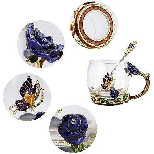  [아마존베스트]COAWG Glass Tea Cup,11oz Blue Rose Lead-Free Handmade Glass Tea Coffee Mug Flower for Women Gradutation Girl Birthday Mother`s Day