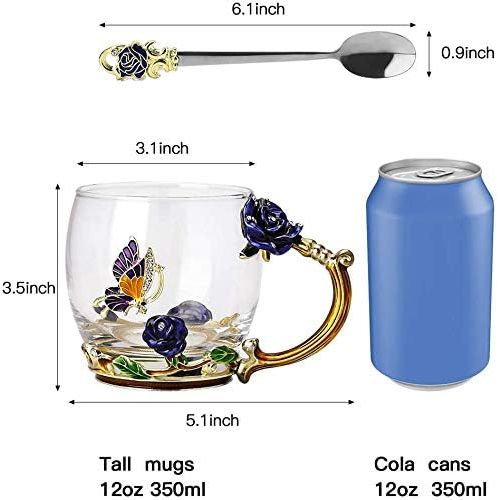  [아마존베스트]COAWG Glass Tea Cup,11oz Blue Rose Lead-Free Handmade Glass Tea Coffee Mug Flower for Women Gradutation Girl Birthday Mother`s Day