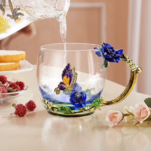  [아마존베스트]COAWG Glass Tea Cup,11oz Blue Rose Lead-Free Handmade Glass Tea Coffee Mug Flower for Women Gradutation Girl Birthday Mother`s Day