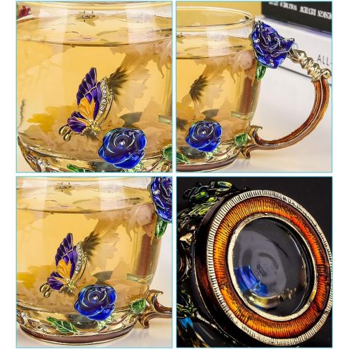  [아마존베스트]COAWG Glass Tea Cup,11oz Blue Rose Lead-Free Handmade Glass Tea Coffee Mug Flower for Women Gradutation Girl Birthday Mother`s Day