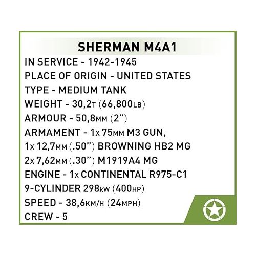  COBI Historical Collection World War II Sherman M4A1 Tank, Green, 1:48 Scale