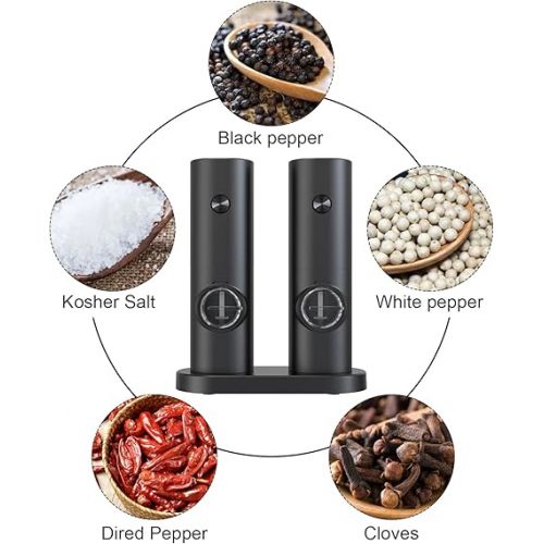  COKUNST Electric Pepper and Salt Grinder Set, Battery Powered Adjustable 5 Levels of Coarseness Black Pepper Grinder Mill with Stand, Automatic Grinding with LED Light for BBQ Resturant Kitchen-2 Pack