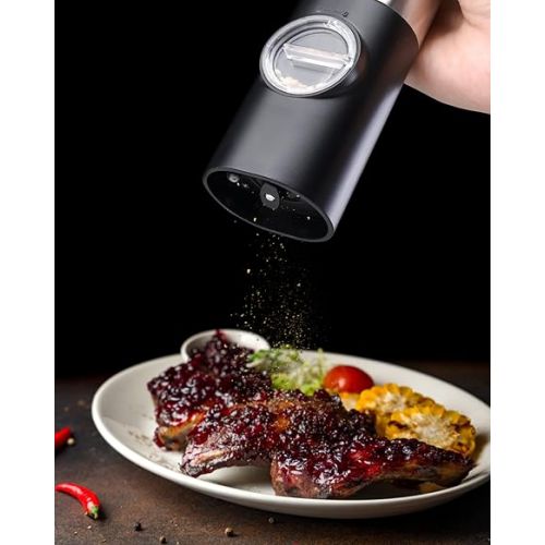  COKUNST Pepper and Salt Grinder Set, Battery Powered, Coarseness Adjustable Electric Pepper Grinder Mill with Stand, Automatic Grinding with LED Light for BBQ Resturant Kitchen-2 Pack