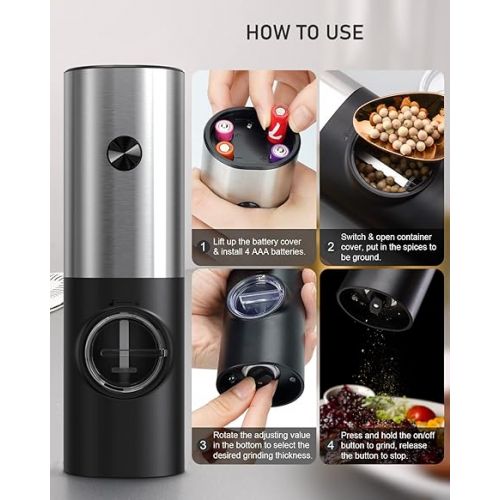  COKUNST Pepper and Salt Grinder Set, Battery Powered, Coarseness Adjustable Electric Pepper Grinder Mill with Stand, Automatic Grinding with LED Light for BBQ Resturant Kitchen-2 Pack