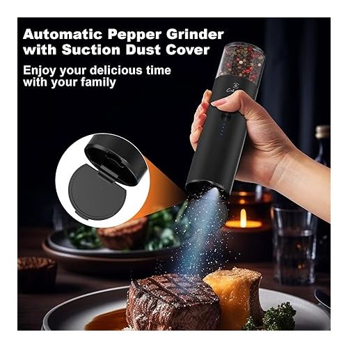  COKUNST Electric Pepper or Salt Grinder, USB Rechargeable Pepper Grinder 4Oz Visual Silo & LED Light, Black Automatic Pepper Grinder Mill Pepper Shaker with Suction Dust Cover & Adjustable Coarsenes