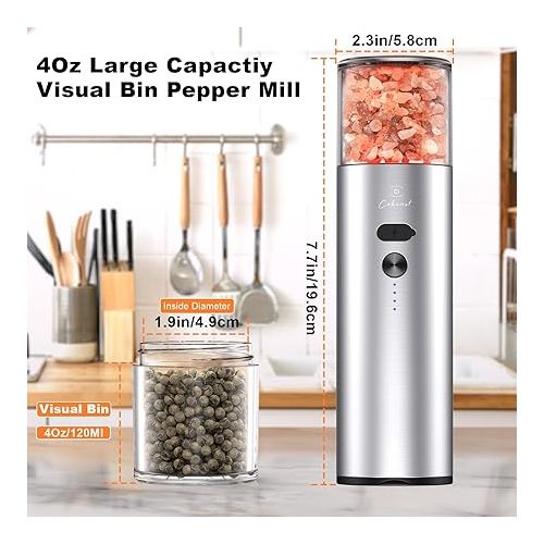  COKUNST USB Rechargeable Electric Salt or Pepper Grinder, Automatic Pepper Grinder Mill with Visual Power Reminder, 4Oz Large Capactiy Visual Silo & Suction Dust Cover for BBQ Resturant Kitchen