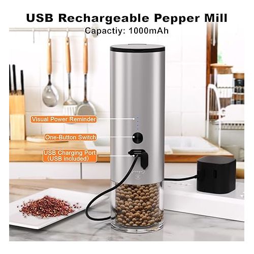  COKUNST USB Rechargeable Electric Salt or Pepper Grinder, Automatic Pepper Grinder Mill with Visual Power Reminder, 4Oz Large Capactiy Visual Silo & Suction Dust Cover for BBQ Resturant Kitchen