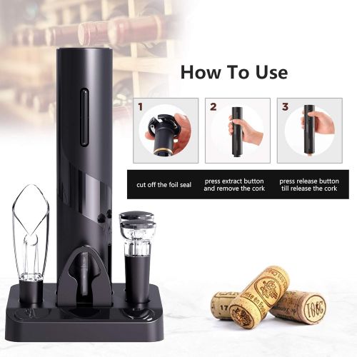  COKUNST Electric Wine Opener Set, Battery Operated Wine Bottle Corkscrew Opener with Foil Cutter, Wine Aerator Pourer, Vacuum Stoppers, Reusable Wine Bottle Openers with Accessorie