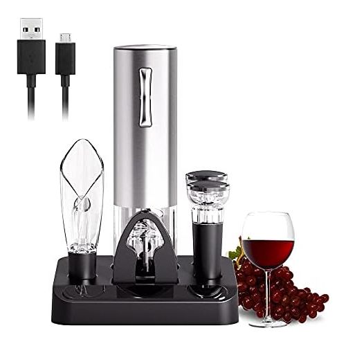  COKUNST Electric Wine Opener Set with Stand, USB Charging Corkscrew Remover, One-click Button Rechargeable Cordless Bottle Openers with Wine Pourer, Vacuum Stoppers, Foil Cutter fo