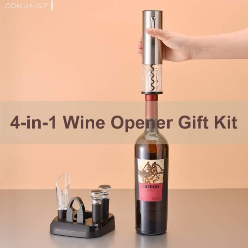  COKUNST Electric Wine Opener Set with Stand, USB Charging Corkscrew Remover, One-click Button Rechargeable Cordless Bottle Openers with Wine Pourer, Vacuum Stoppers, Foil Cutter fo