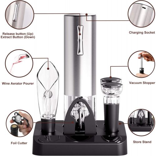  COKUNST Electric Wine Opener Set with Stand, USB Charging Corkscrew Remover, One-click Button Rechargeable Cordless Bottle Openers with Wine Pourer, Vacuum Stoppers, Foil Cutter fo