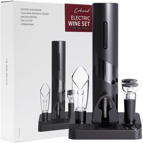  [아마존베스트]Cokunst Electric Wine Opener Set, Cordless Electric Wine Bottle Corkscrew Opener with Foil Cutter, Wine Aerator Pourer, Vacuum Stoppers, Reusable Wine Bottle Openers with Accessori