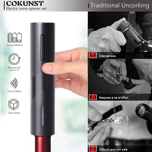  [아마존베스트]Cokunst Electric Wine Opener Set, Cordless Electric Wine Bottle Corkscrew Opener with Foil Cutter, Wine Aerator Pourer, Vacuum Stoppers, Reusable Wine Bottle Openers with Accessori