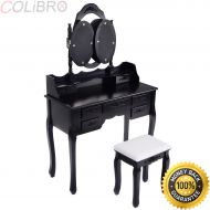 COLIBROX Black Tri Folding Oval Mirror Wood Vanity Makeup Table Set with Stool &7 Drawers. makeup vanity with lighted mirror. folding vintage white vanity makeup dressing table set
