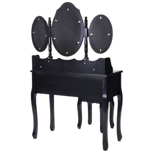  COLIBROX Black Tri Folding Oval Mirror Wood Vanity Makeup Table Set with Stool &7 Drawers. makeup vanity with lighted mirror. folding vintage white vanity makeup dressing table set