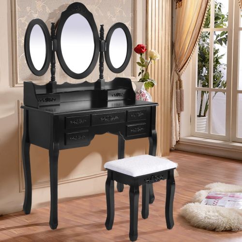  COLIBROX Black Tri Folding Oval Mirror Wood Vanity Makeup Table Set with Stool &7 Drawers. makeup vanity with lighted mirror. folding vintage white vanity makeup dressing table set