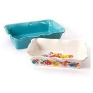 COLIBYOU 2-Piece Decorated Rectangular Ruffle Top Ceramic Bakeware Set, turquoise & floral