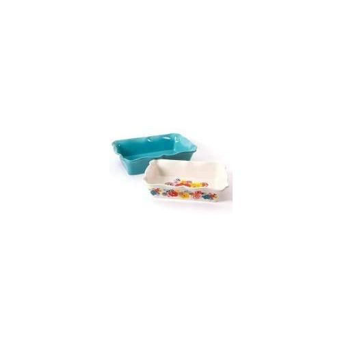  COLIBYOU 2-Piece Decorated Rectangular Ruffle Top Ceramic Bakeware Set, turquoise & floral