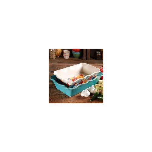  COLIBYOU 2-Piece Decorated Rectangular Ruffle Top Ceramic Bakeware Set, turquoise & floral