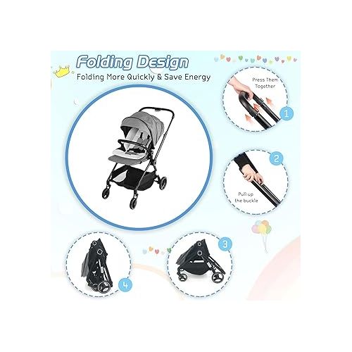  COLOR TREE Baby Stroller Lightweight Stroller for Babies and Toddlers Foldable High Landscape Infant Carriage Pushchair with Adjustable Handle & Reversible Seat, Compact Fold, Gray