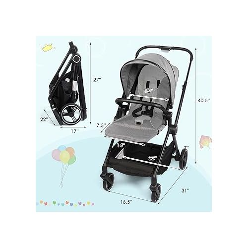  COLOR TREE Baby Stroller Lightweight Stroller for Babies and Toddlers Foldable High Landscape Infant Carriage Pushchair with Adjustable Handle & Reversible Seat, Compact Fold, Gray