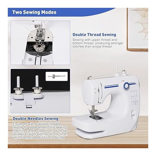  Sewing Machine for Beginners, Portable Mini Sewing Machine, Upgraded Double Needle Sewing, 12 Built-In Stitches, 2 Speeds Double Thread with Foot Pedal, Sewing Machine for Kids, Adults, Blue