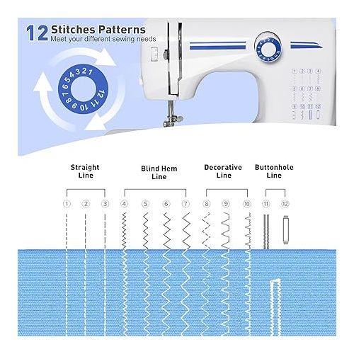  Sewing Machine for Beginners, Portable Mini Sewing Machine, Upgraded Double Needle Sewing, 12 Built-In Stitches, 2 Speeds Double Thread with Foot Pedal, Sewing Machine for Kids, Adults, Blue