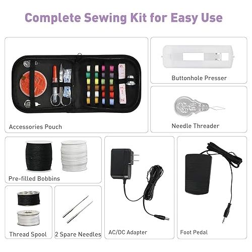  Sewing Machine for Beginners, Portable Mini Sewing Machine, 12 Built-In Stitches, 2 Speeds Double Thread with Foot Pedal, Sewing Machine for Kids, Adults, Purple