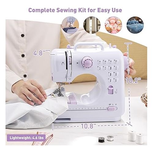  Sewing Machine for Beginners, Portable Mini Sewing Machine, 12 Built-In Stitches, 2 Speeds Double Thread with Foot Pedal, Sewing Machine for Kids, Adults, Purple