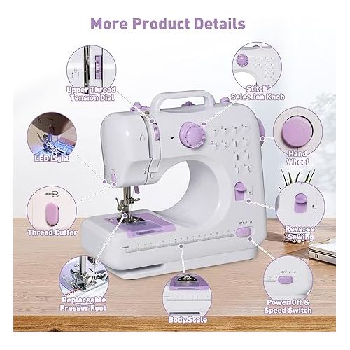  Sewing Machine for Beginners, Portable Mini Sewing Machine, 12 Built-In Stitches, 2 Speeds Double Thread with Foot Pedal, Sewing Machine for Kids, Adults, Purple