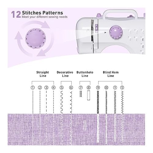  Sewing Machine for Beginners, Portable Mini Sewing Machine, 12 Built-In Stitches, 2 Speeds Double Thread with Foot Pedal, Sewing Machine for Kids, Adults, Purple