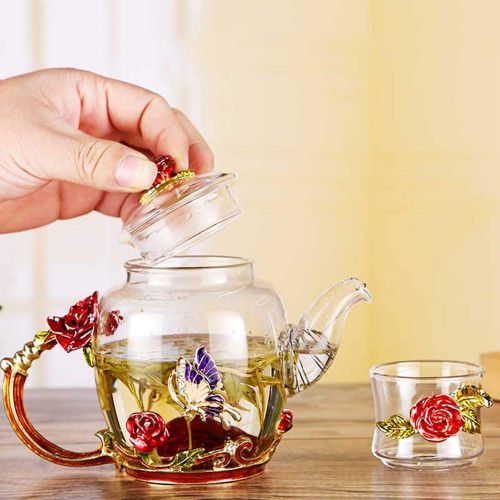  COLORFULTEA - Glass Teapots - 300 ml (10.2 oz) - Glass Teapot With Enamel Rose Flower Handle And Butterfly/Borosilicate Heat Resistant Glass Teapot/Heat-resisting Glass Teapot With