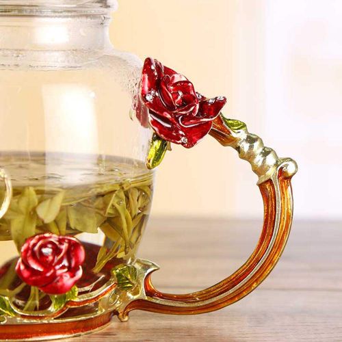  COLORFULTEA - Glass Teapots - 300 ml (10.2 oz) - Glass Teapot With Enamel Rose Flower Handle And Butterfly/Borosilicate Heat Resistant Glass Teapot/Heat-resisting Glass Teapot With