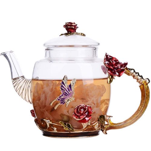  COLORFULTEA - Glass Teapots - 300 ml (10.2 oz) - Glass Teapot With Enamel Rose Flower Handle And Butterfly/Borosilicate Heat Resistant Glass Teapot/Heat-resisting Glass Teapot With