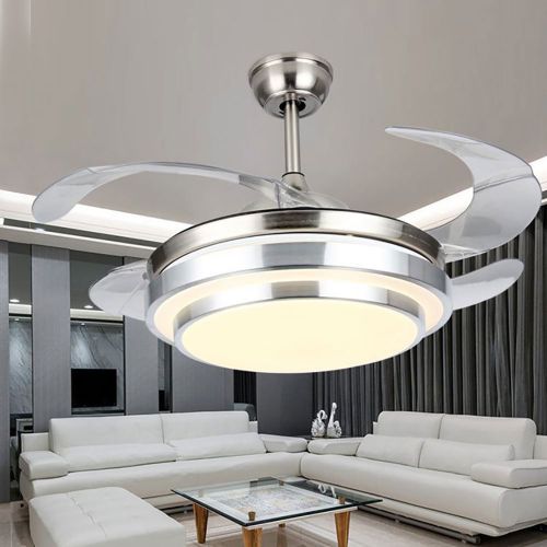  COLORLED Modern Minimalist Brushed Nickle 42-Inch Remote Ceiling Fan with Four Transparent Acrylic Blades Ceiling Flushmount Chandelier for Living Room Bedroom Fan Light Kit