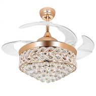 COLORLED Crystal Ceiling Fan for Room Decoration -42 inch Shrinkable Blades Ceiling Fan Chandelier With Remote Control -for Indoor Outdoor Living Dining Room Corridor (Gold)