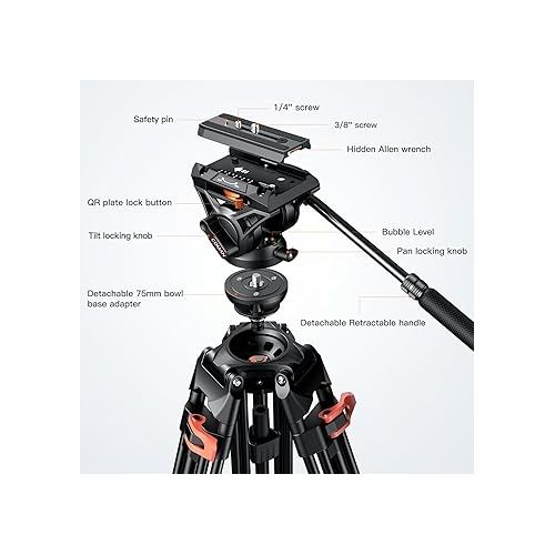  Heavy Duty Tripod Professional Video Tripod Aluminium 72inch with 360 Degree Fluid Head for Canon Nikon DSLR Camcorder Cameras Spotting Scopes