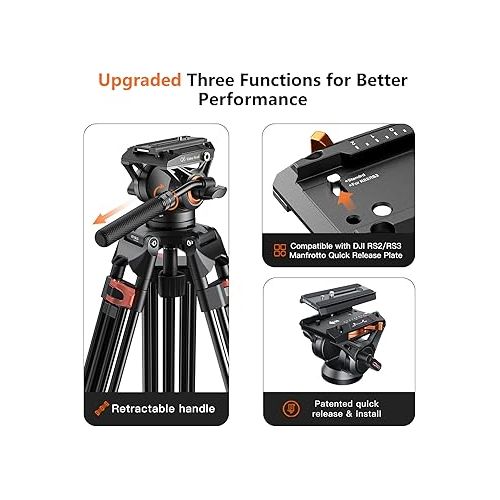  Heavy Duty Tripod Professional Video Tripod Aluminium 72inch with 360 Degree Fluid Head for Canon Nikon DSLR Camcorder Cameras Spotting Scopes