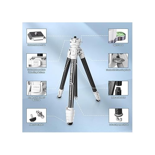  COMAN Portable Travel Camera Tripod, Compact Lightweight DSLR Tripods, Carbon Fiber Tripod Stand with 360° Ball Head Detachable Professional Tripod for Phone Canon Sony Nikon,Live Streaming, White