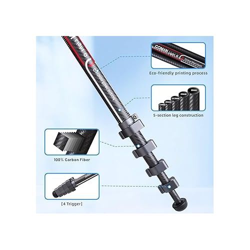  Lightweight Camera Tripod for Travel, COMAN 62.2 inch Compact Carbon Fiber Tripod Stand, 360°Ball Head Detachable with 1/4” Arca Plate, for Phone Canon Nikon Sony, DSLR Camera, Black