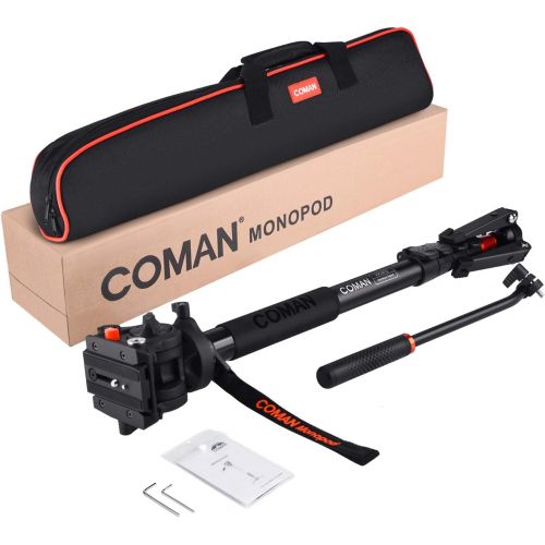  Monopod, COMAN KX3232 73.2 inch Professional Monopod Tripod Lightweight Aluminum Telescopic Camera Monopod with feet and Pan Tilt Fluid Head for DSLR Video Cameras