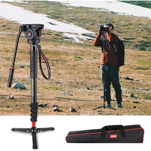  Monopod, COMAN KX3232 73.2 inch Professional Monopod Tripod Lightweight Aluminum Telescopic Camera Monopod with feet and Pan Tilt Fluid Head for DSLR Video Cameras