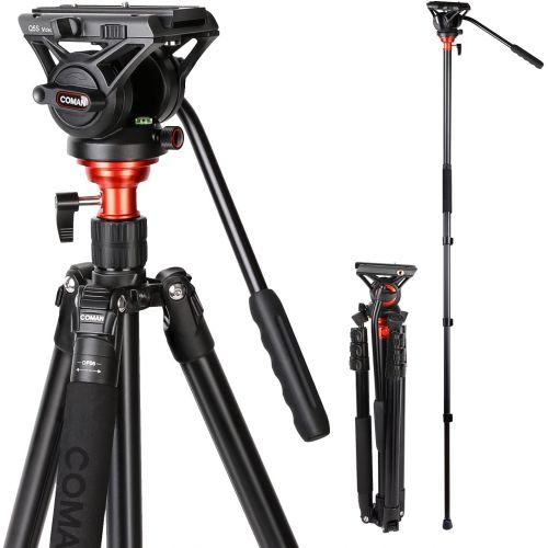  Fluid Head Tripod, COMAN Video Camera Tripod Monopod Aluminium Alloy 70.8 inch for Canon Nikon Sony DSLR Camera