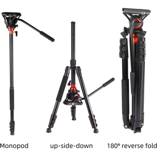  Fluid Head Tripod, COMAN Video Camera Tripod Monopod Aluminium Alloy 70.8 inch for Canon Nikon Sony DSLR Camera