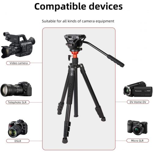  Fluid Head Tripod, COMAN Video Camera Tripod Monopod Aluminium Alloy 70.8 inch for Canon Nikon Sony DSLR Camera