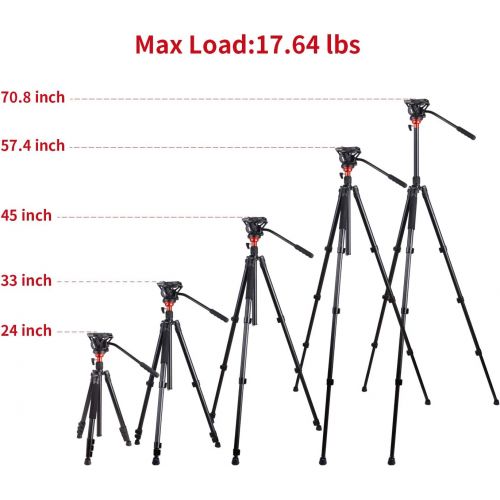  Fluid Head Tripod, COMAN Video Camera Tripod Monopod Aluminium Alloy 70.8 inch for Canon Nikon Sony DSLR Camera